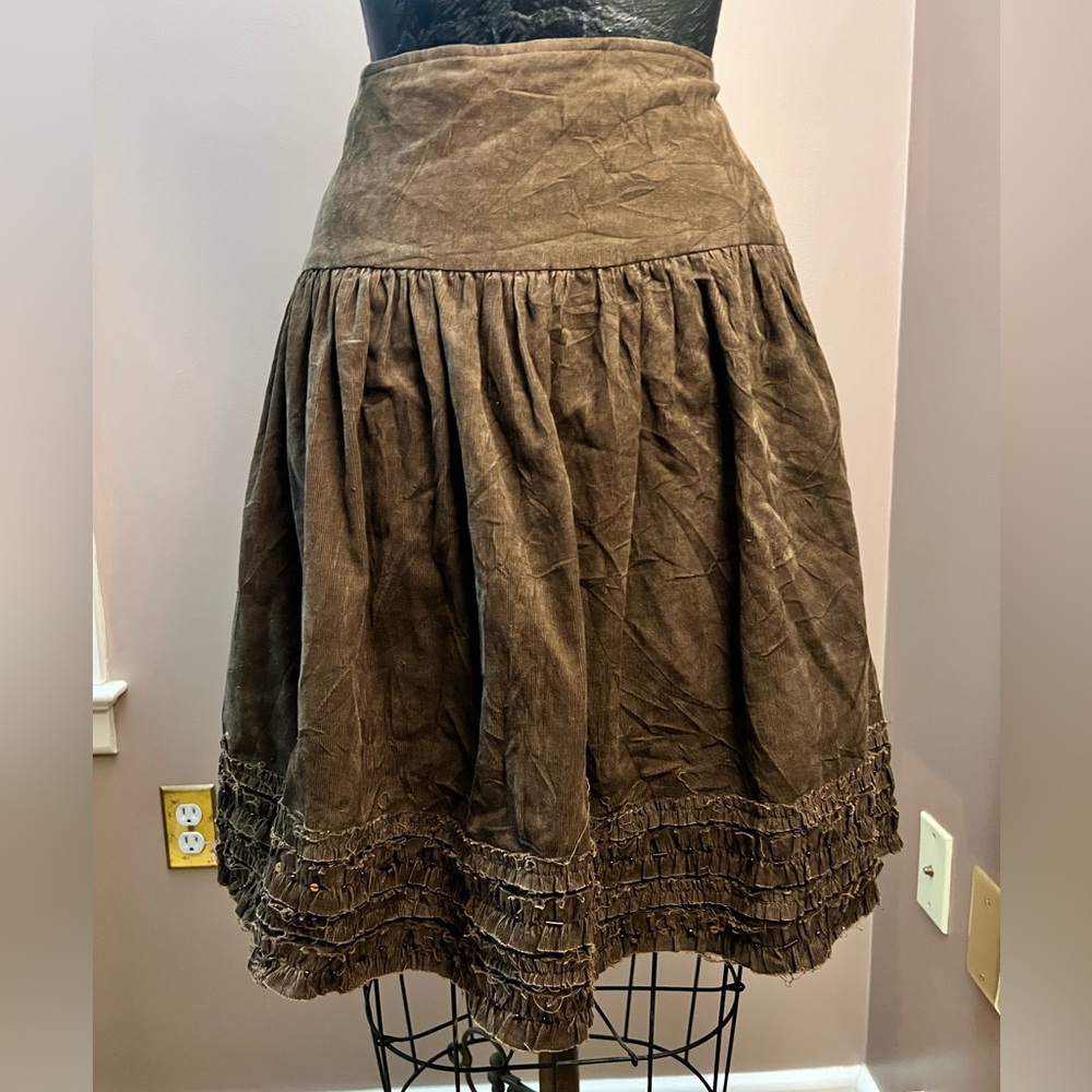Y2K Forever 21 Brown Corduroy Ruffle Sequin Midi A-line Skirt 100% Cotton Size L - Picture 3 of 8